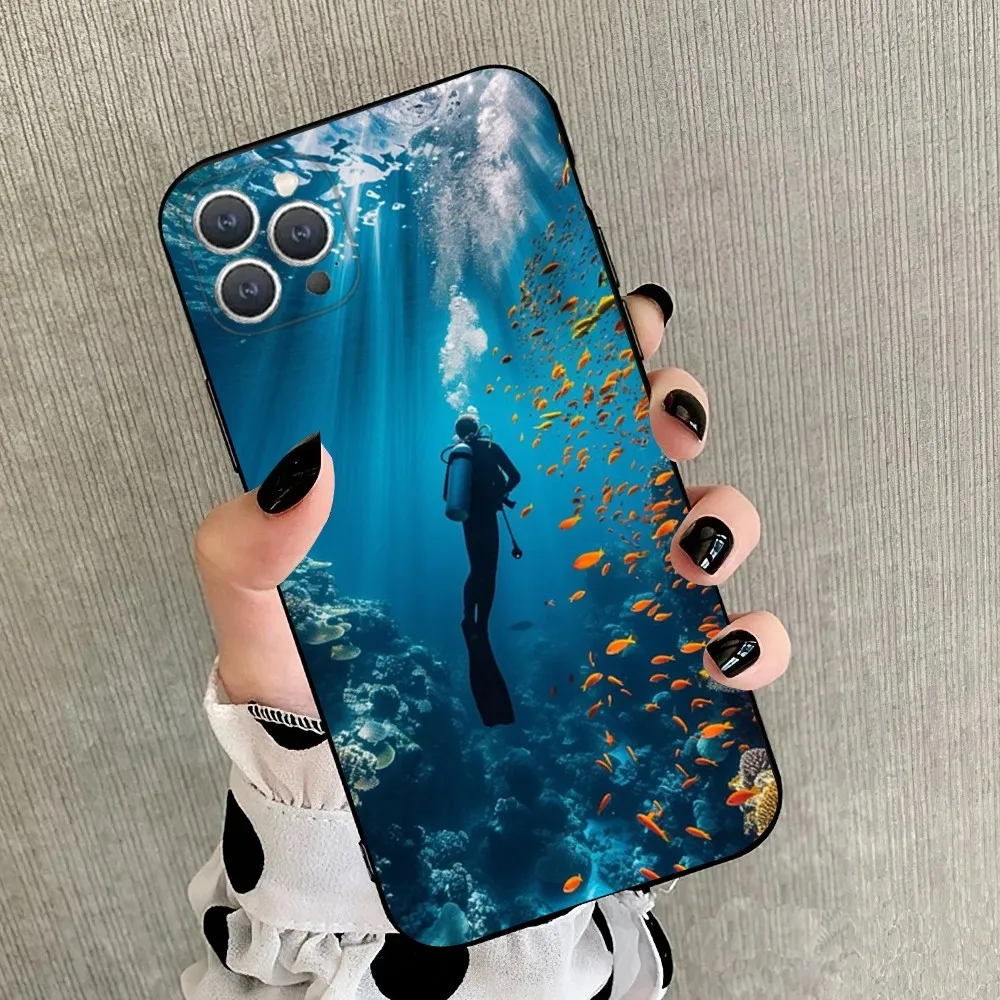 Scuba Diver Diving  Phone Case For iPhone 15,14,13,12,11,Plus,Pro Max,XS,X,XR,SE,Mini,8,7 Soft Silicone Black Cover