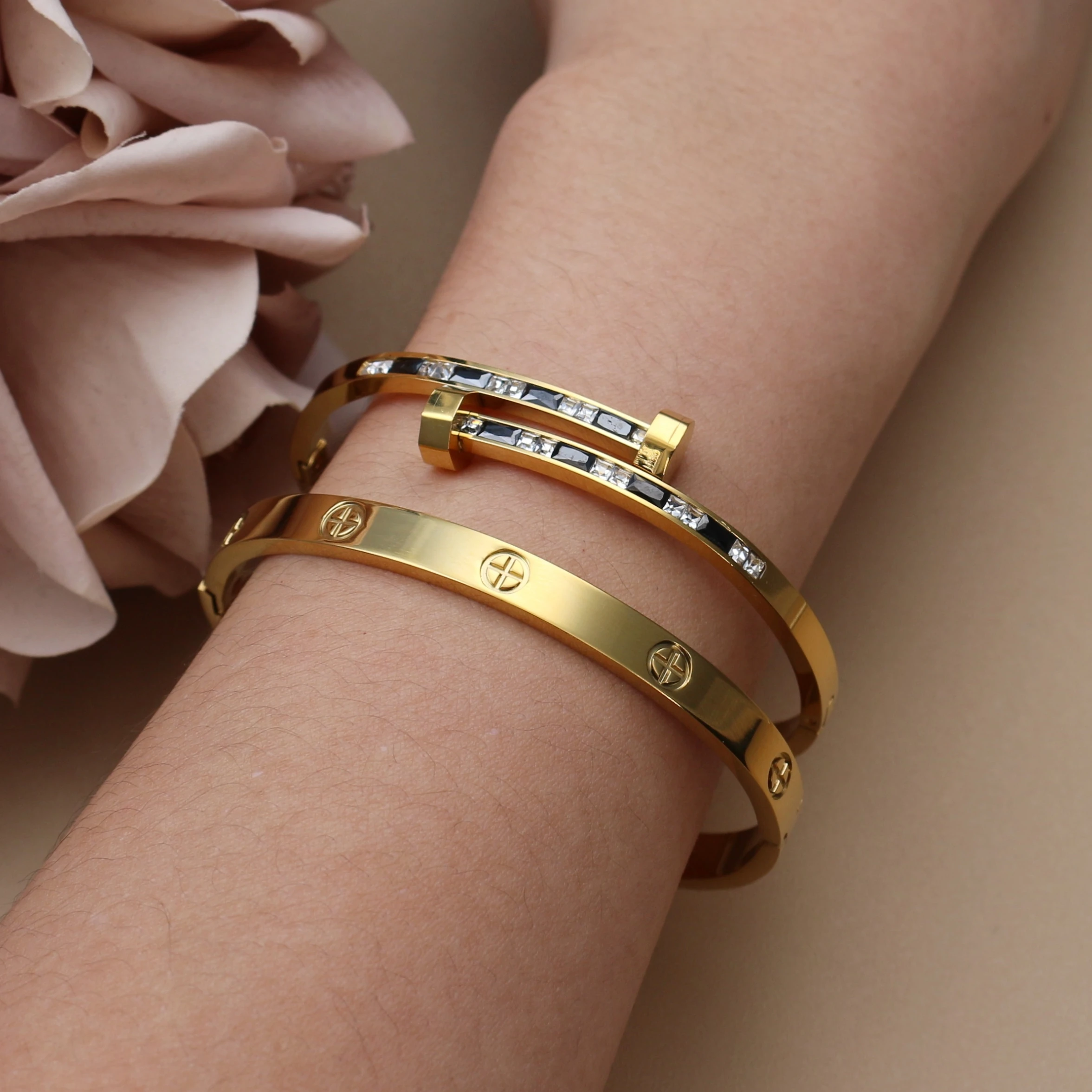 02Fashion Cross Crystal Design Stainless Steel Gold Color Stacking Bracelet Women's Jewellery Bangle For Daily Wear Party Gifts. view 3