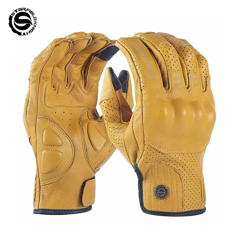 SFK Yellow Motorcycle Gloves Full Finger Vintage Riding Equipment Summer Breathable Real Goat Leather Non-slip Wear-resistant