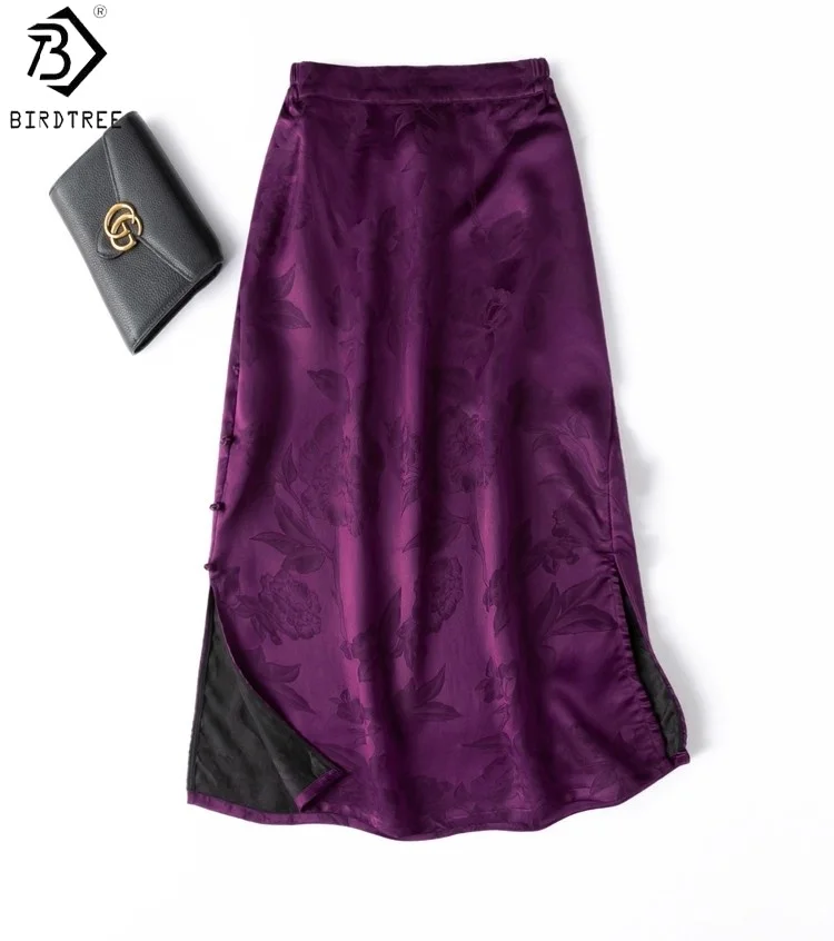 

Birdtree 45 мм 100% шелковая фиолетово-красная юбка, женские жаккардовые юбки с эластичной резинкой на талии, осеннее прямое платье с боковым разрезом D59503JF