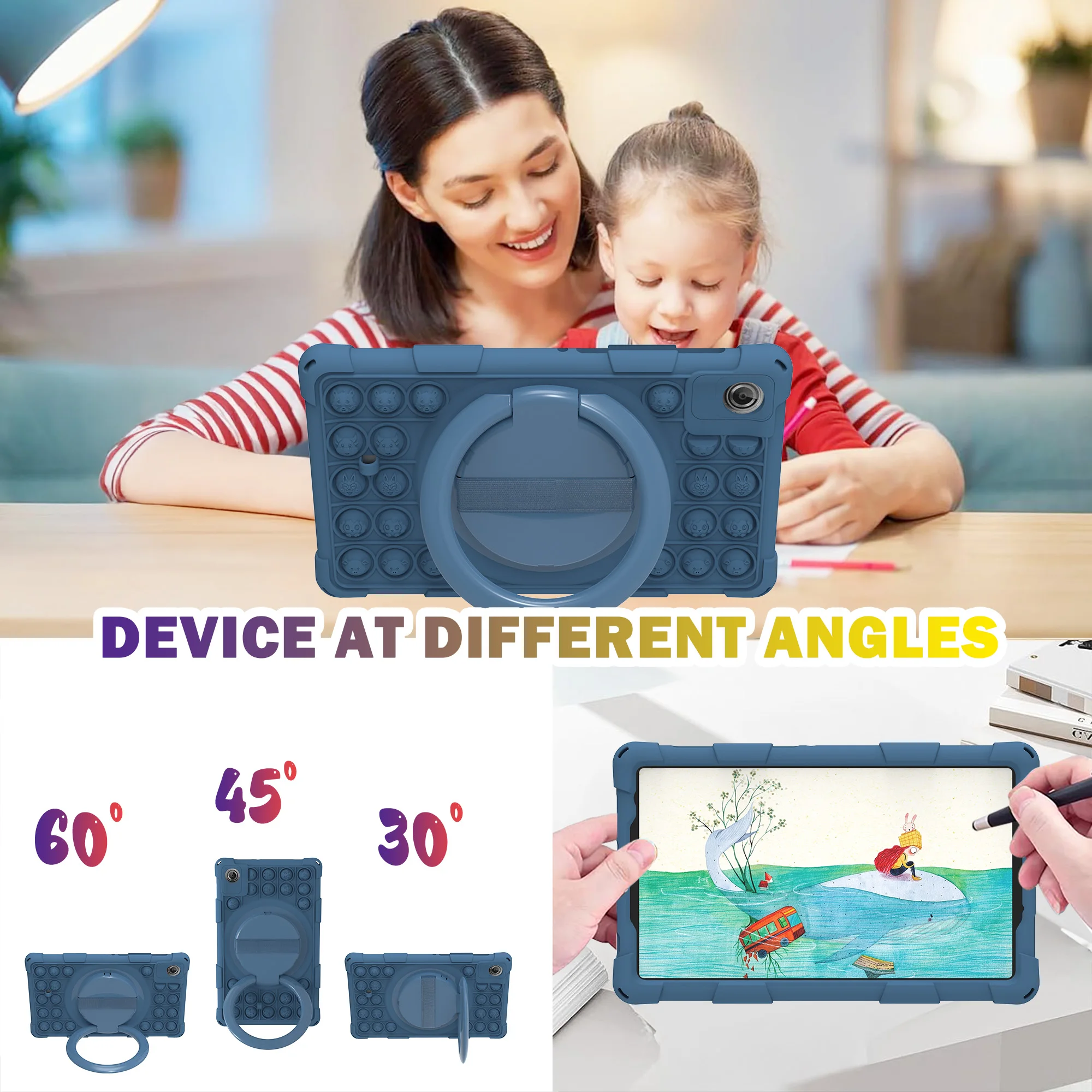 Etui dla dzieci na tablet Lenovo Tab One 8.7 cala TB305ZU TB305FU K9 8.7 cala 2025, silikonowe etui z podstawką, wzór bąbelków, z paskiem na ramię i piórem — zdjęcie produktu 3