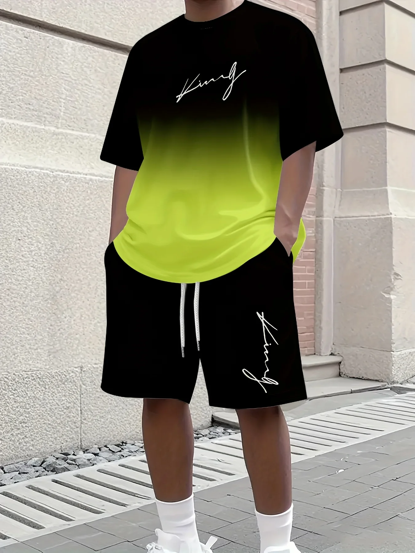 الكلاسيكية الرجال التدرج اللون الملك تي شيرت مطبوع السراويل 2 قطعة مجموعة حجم كبير التجفيف السريع الرياضة قصيرة الأكمام الجانب جيب السراويل #3