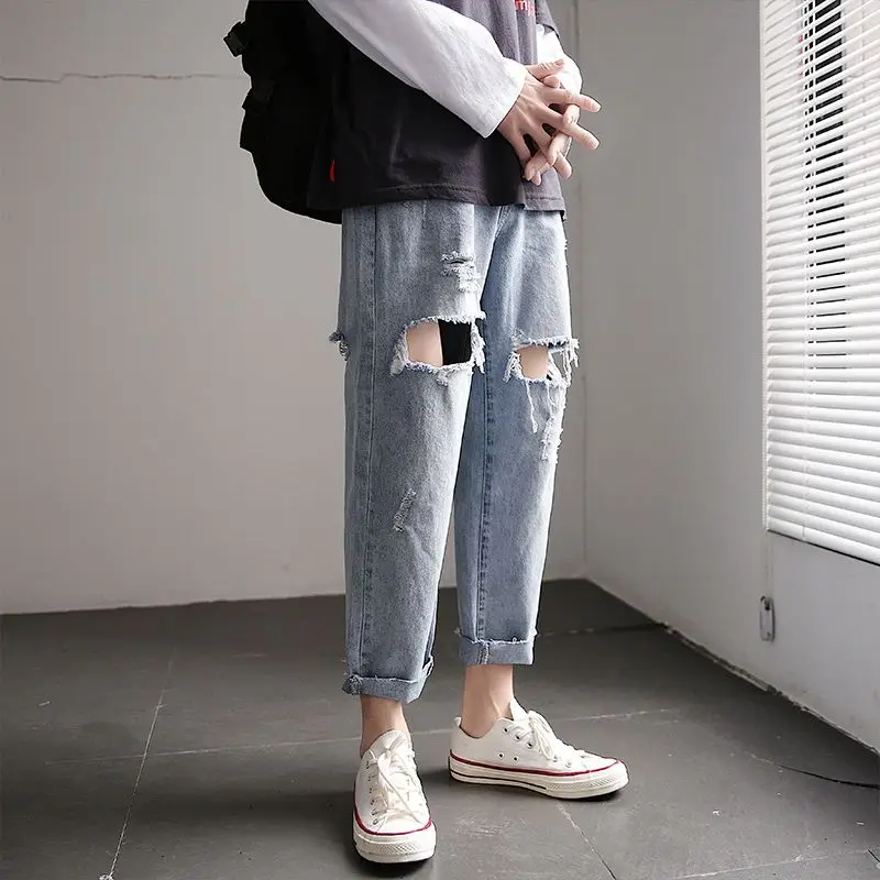 

With Holes Men's Jeans Trousers Broken Torn High Quality Korean Fashion Luxury 90s Streetwear Xs Summer Ripped Male Cowboy Pants