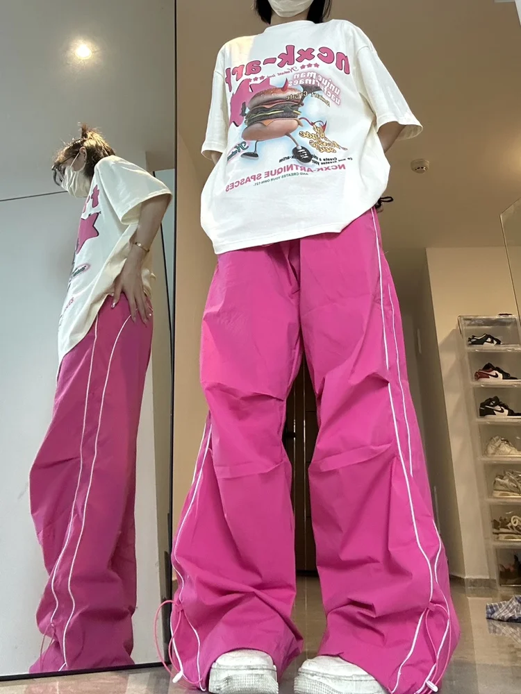 Hip Hop Y2K Pink Track Pants donna oversize Streetwear pantaloni sportivi a gamba larga Harajuku Quick Dry pantaloni sportivi vestiti