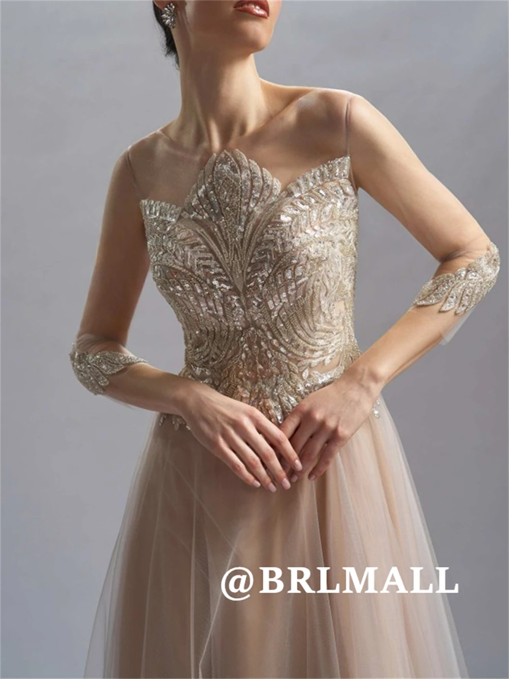 

BRLMALL Sheer Neck Sequined Prom Dress for Women Champagne Long Tulle Evening Gowns Full Sleeves Illusion Back Wedding Guest