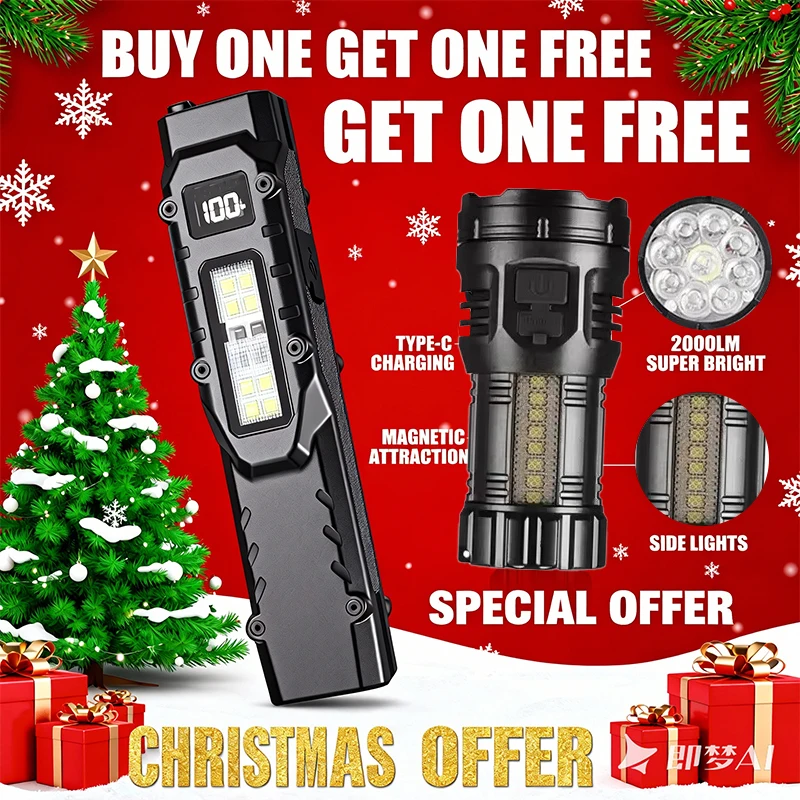 حزمة عيد الميلاد كومبو اشتر 1 واحصل على 1 مجانًا مصباح يدوي مزدوج الوظيفة للأشعة فوق البنفسجية الضوء الأحمر COB مصباح USB C شحن ضوء العمل الأمني في الهواء الطلق