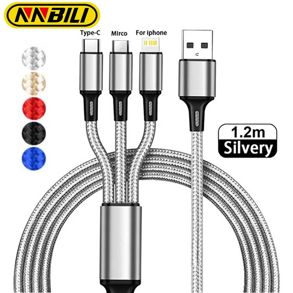 NNBILI 3In1 Fast Charging Cable Cord For iPhone Xiaomi Micro USB Type C Charger Cable Multi Port Multiple Usb Charging Wire Line