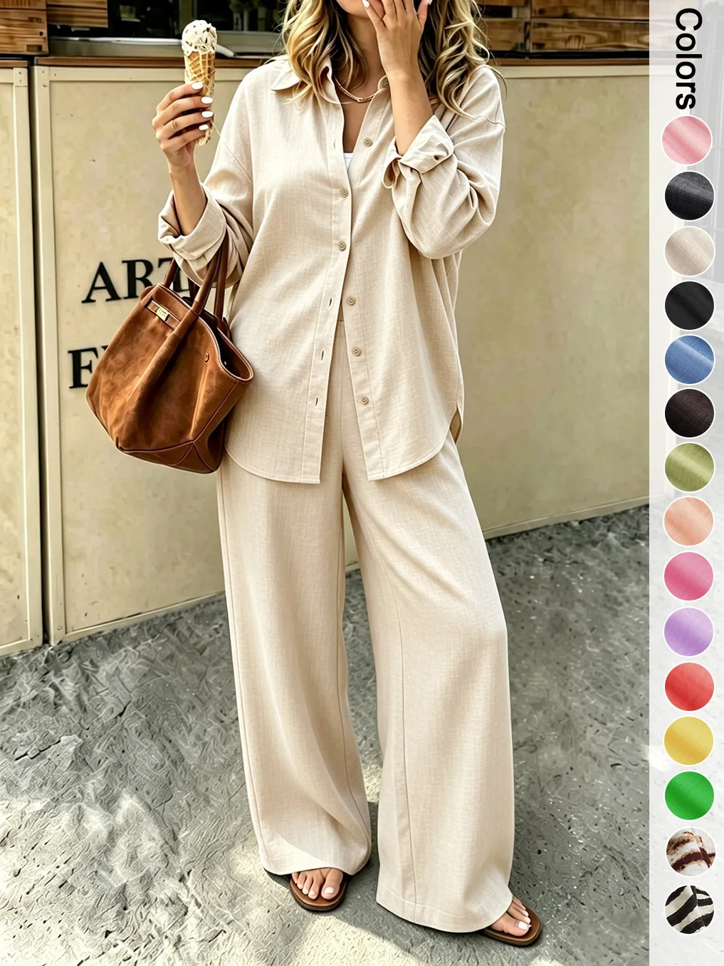 Women Women Linen‑Look Two Piece Outfit Lapel Long Sleeve Button Down Shirt High Waist Wide Leg Pants Casual Loose Co‑ord Sets - Aliexpress Deal