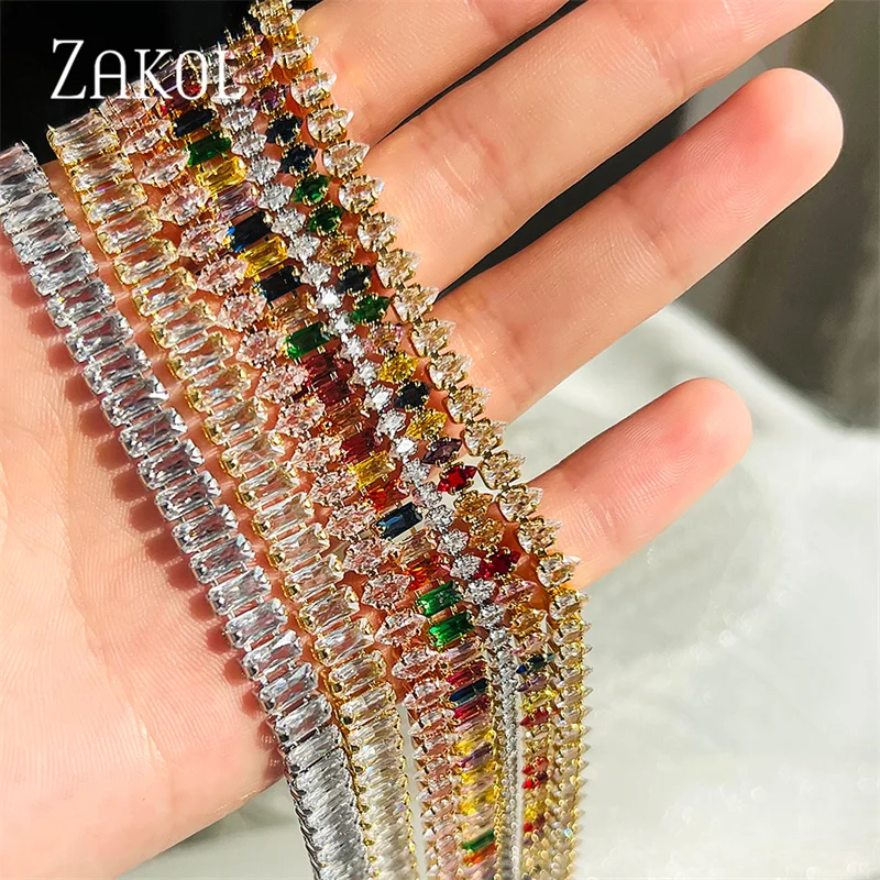 ZAKOL Fashion Rectangle Zircon Tennis Bracelets for Women Geometry Crystal Bracelet Party Jewelry