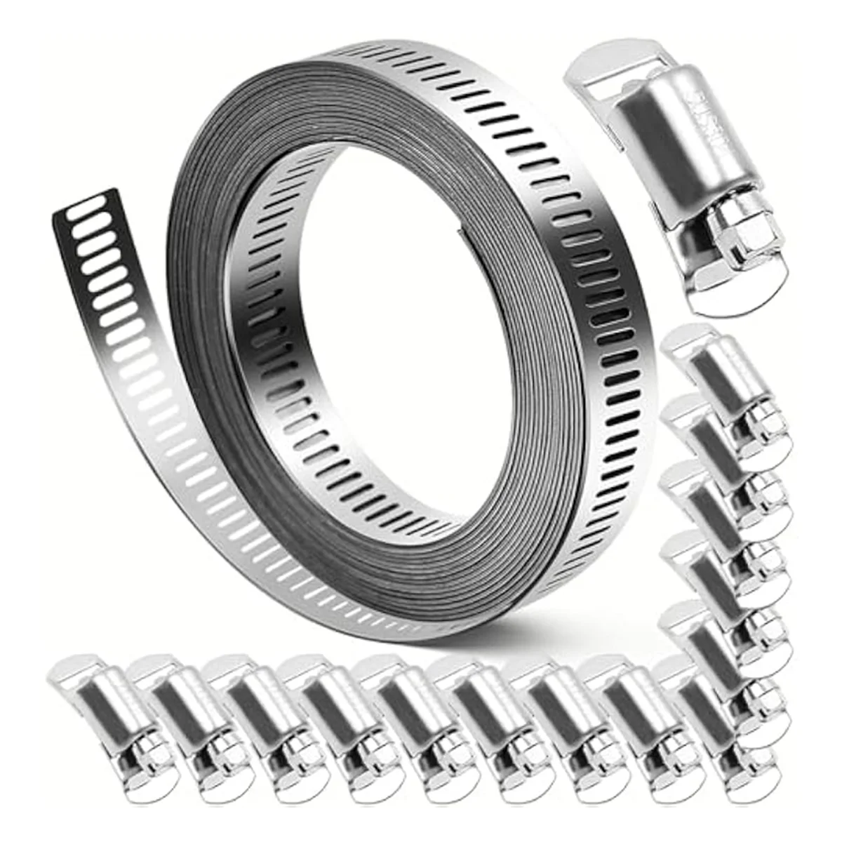 304 Stainless Steel Hose Clamps-for DIY, Cut-To-Fit 19.5 FT Strap+15 Fasteners Kit Adjustable Worm Gear Band Clamps Duct