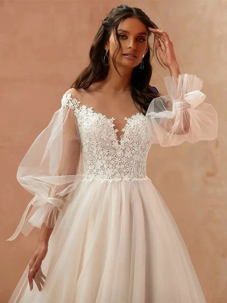 Illusion Puff Sleeve Wedding Dresses A Line Lace Appliques Prom Dresses Princess Fuffy Tulle Woman's Formal Bride Beach Party