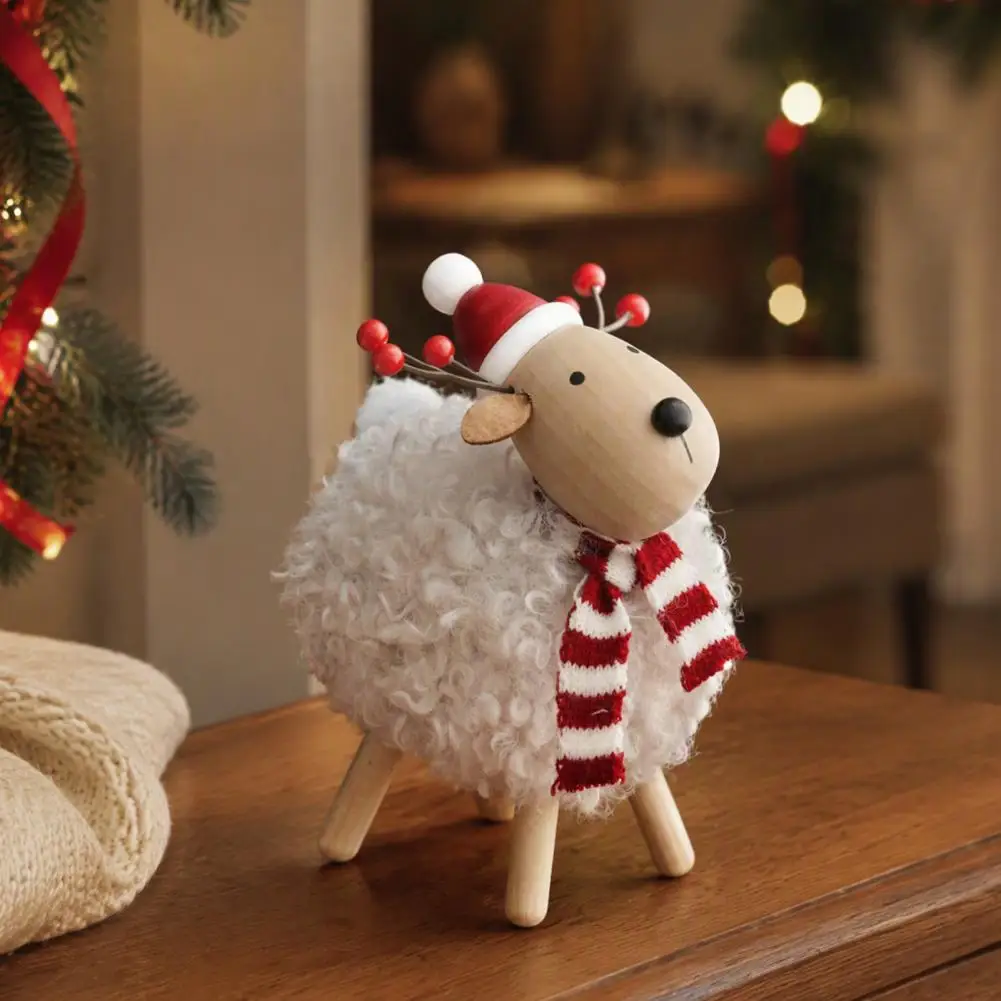 Durable Wood Tabletop Decor Wooden Christmas Sheep Figurine with Scarf Santa Hat Plush Fleece Lamb Tabletop Ornament Rustic