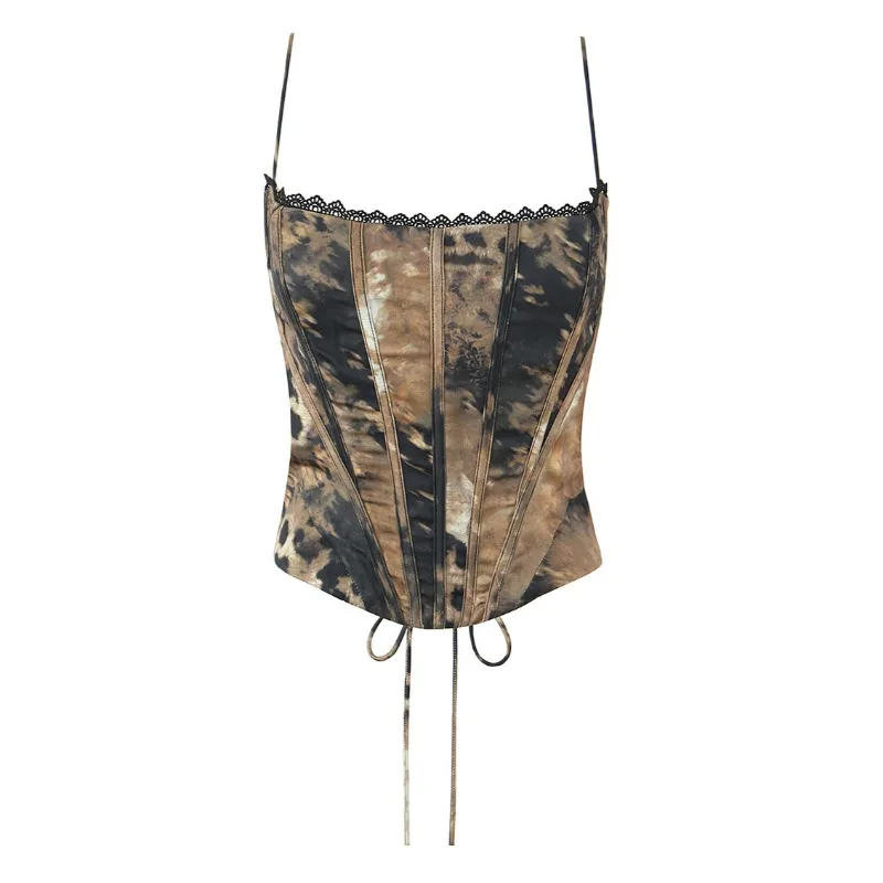 

Lace Patchwork Leopard Print Satin Fishbone Corset Crop Tops Women Fashion Sexy Spaghetti Straps Grommet Lace Up Backless Camis