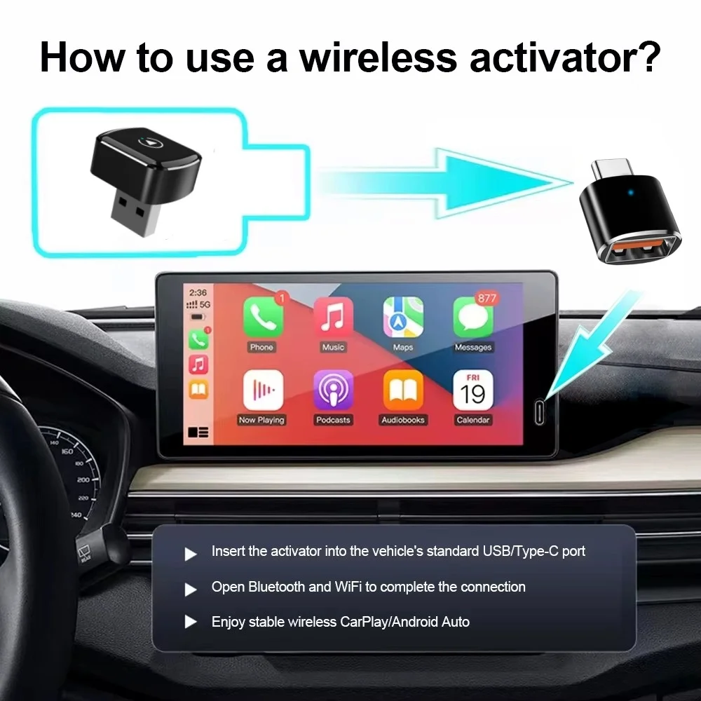 محول CarPlay وAndroid Auto اللاسلكي 2 في 1 - توصيل وتشغيل، توصيل تلقائي سريع، منافذ USB/USB-C، ملحقات السيارة الأساسية