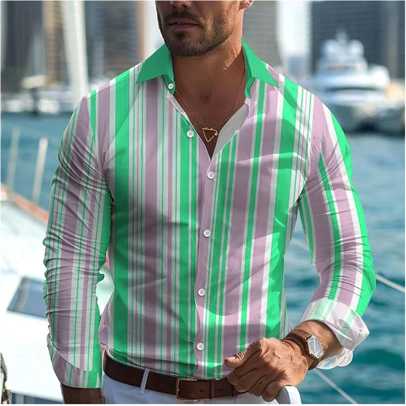 2025 Fashionable Casual Men's Line Printed Shirt Formal Spring Summer Lapel Long Sleeve 25 Colors XS-6XL Stretch Fabric Shirt