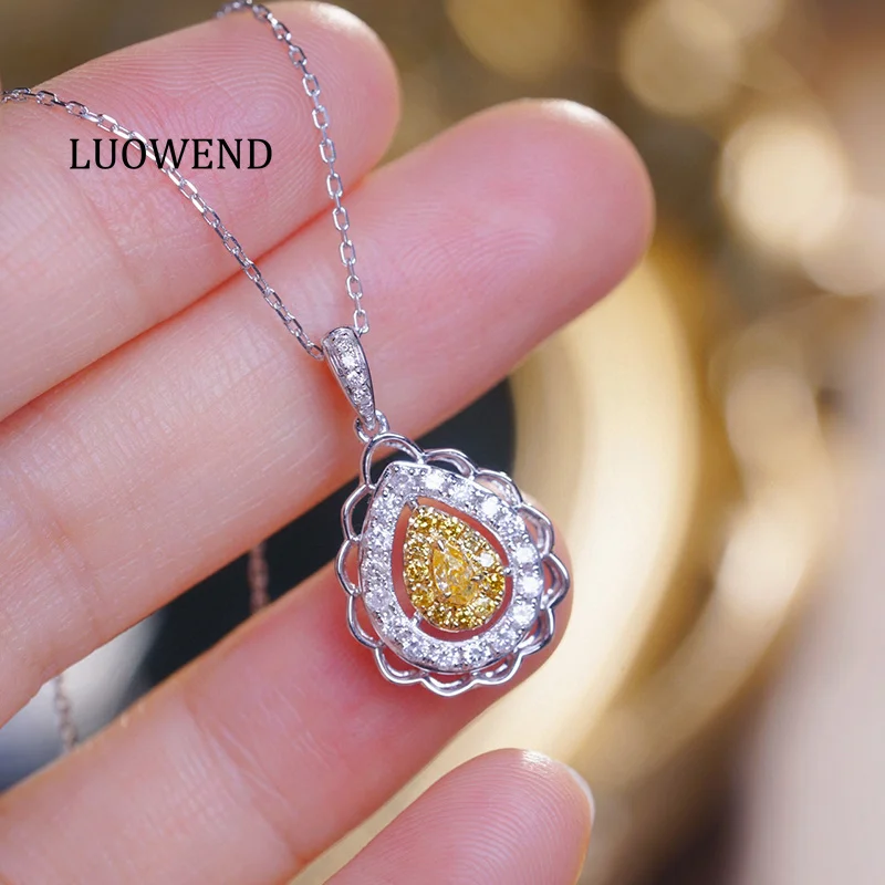 LUOWEND 100% 18K White Gold Necklace Romantic Style Real Natural Yellow Diamond Pendant Necklace for Women High Wedding Jewelry