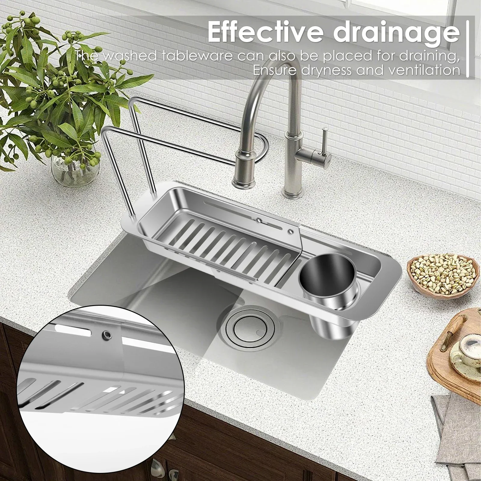 Telescopic Sink Drain Shelf Soap Sponge Rack Stainless Steel Storage Basket with Towel Hanger and Filter Bucket Kitchen Gadgets
