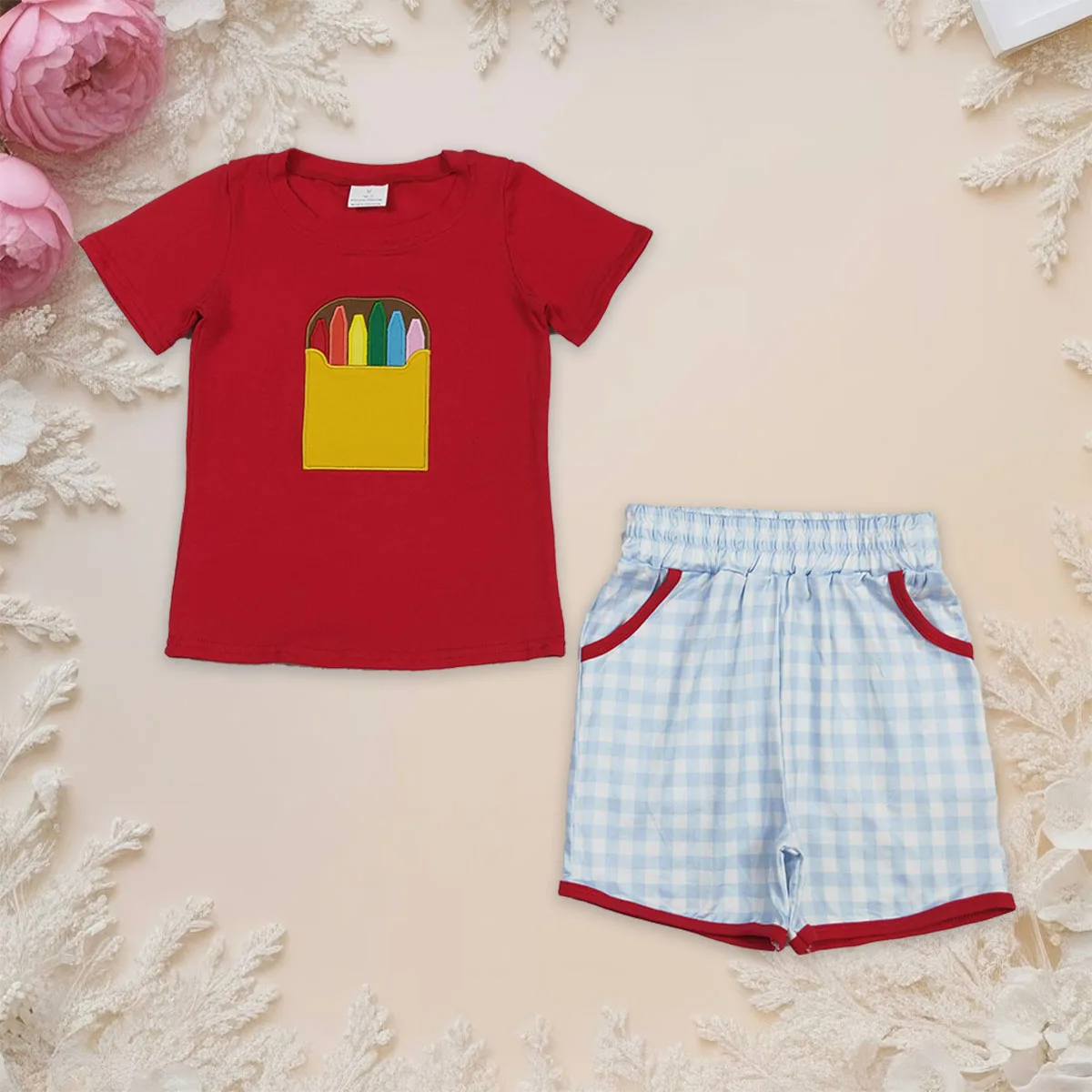 

Embroidery Pencils Baby Boy Checked Pockets Short Back to School Clothes Sets Children Outfits Kids Toddler Clothing Wholesale