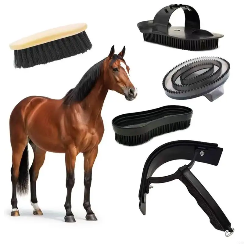 5-Piece Horse Grooming Tool Set with Body Brush, Rubber Comb, Detail Brush, Hand Brush, and Sweat Scraper for Routine Care 69HD