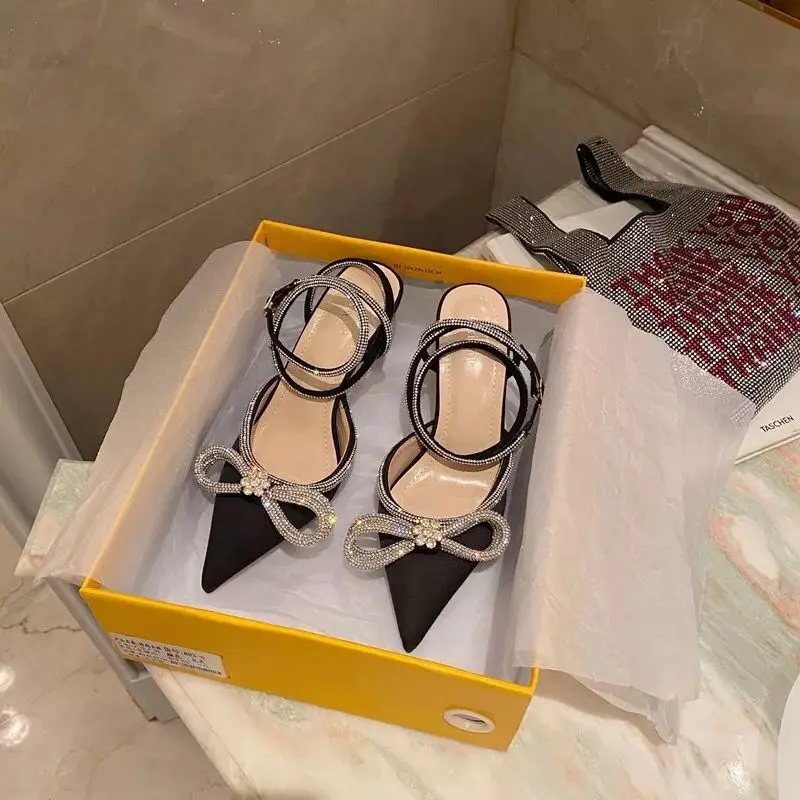 2024, New Fashion Glitter Rhinestones Women Pumps Crystal Bowknot Silk Pointed Toe Buckle Strap Thin High Heels Party Prom Shoes