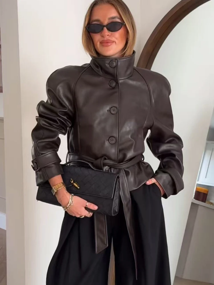 2026 Women Lace Up Leather Jacket Long Sleeve Stand Collar With Belt Loose Solid Short Coats Lady Shoulder Pad Commute Outwear