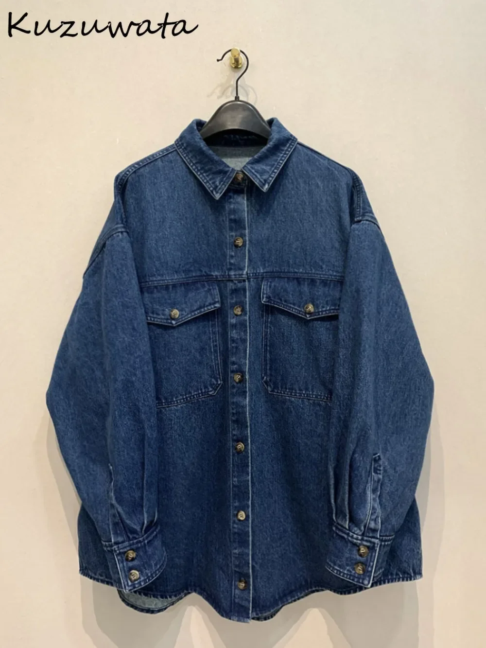 Kuzuwata Loose Simple Turn-down Collar Long Sleeve Coat Casual Slim Fit American Style Vintage Jacket Japan New Denim Outwears