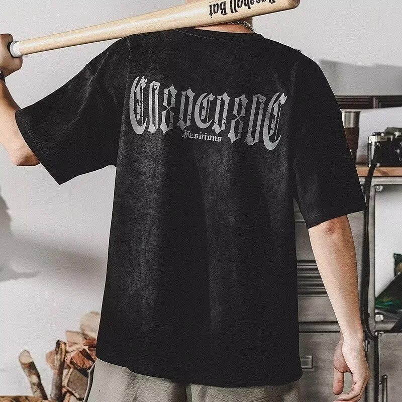 American Vintage Goth Letter Suede T Shirts Men New Hip Hop Fashion T-Shirt Streetwear Oversized Y2K Clothes Summer Tee Tops