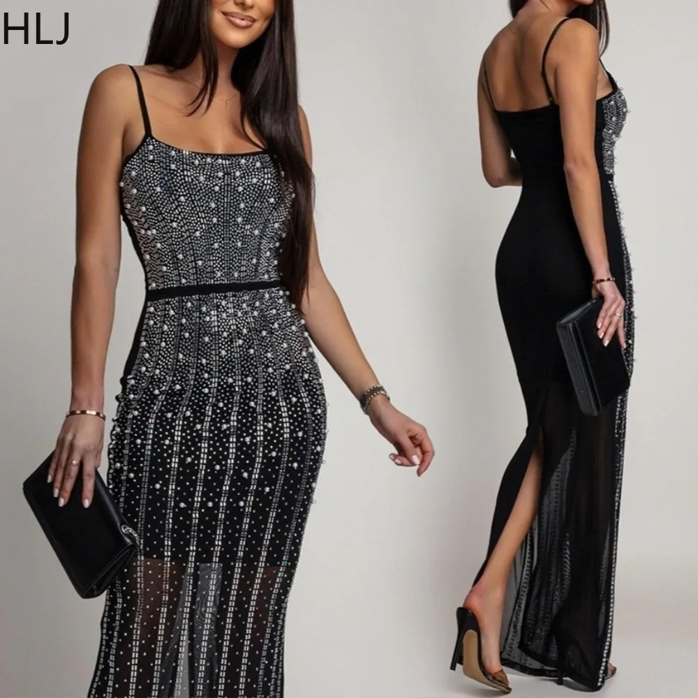 

HLJ Sexy Rhinestone Patchwork Bodycon Dresses Women Spaghetti Strap Sleeveless Backless Dress Female Party Clubwear Vestidos New