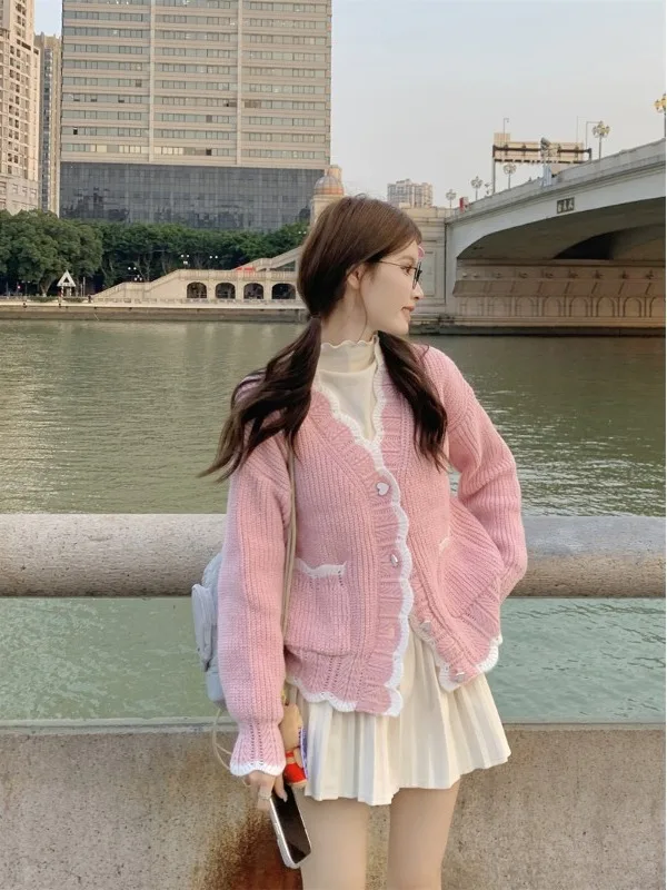 

Autumn Winter Soft Cozy Women's Knitted Sweater Jaet Pink Lazy Open Cardigan Design Sensation Thi Cotton Blend Long Sv...