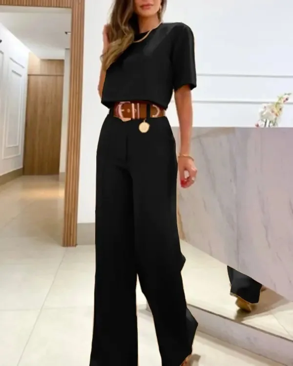 Top corto da donna casual a mezza manica e pantaloni a gamba larga Set 2024 Primavera Estate Solid Office Lady Set da due pezzi Abiti stile coreano