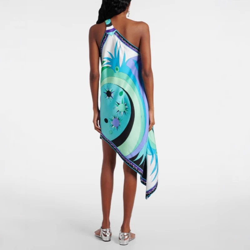 ฤดูร้อนสบายๆ Holiday Beach Dress ผู้หญิงฤดูใบไม้ผลิรูปแบบพิมพ์ซาตินชุดวินเทจเซ็กซี่ไหล่เอียง Hollow ชุดไม่สม่ําเสมอ