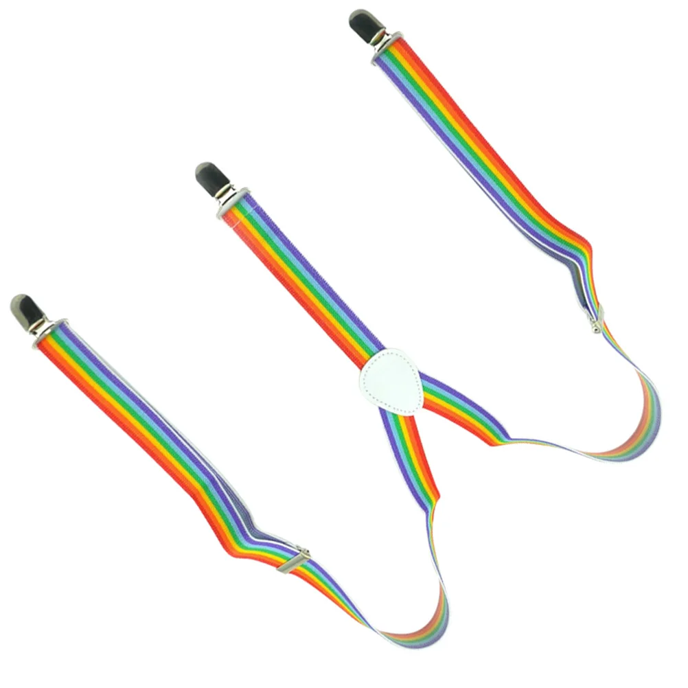 Unisex Rainbow Suspenders Y-Shape 3 Clips Adjustable Elastic Comfortable Pant Braces for Casual Formal Wear 85cm