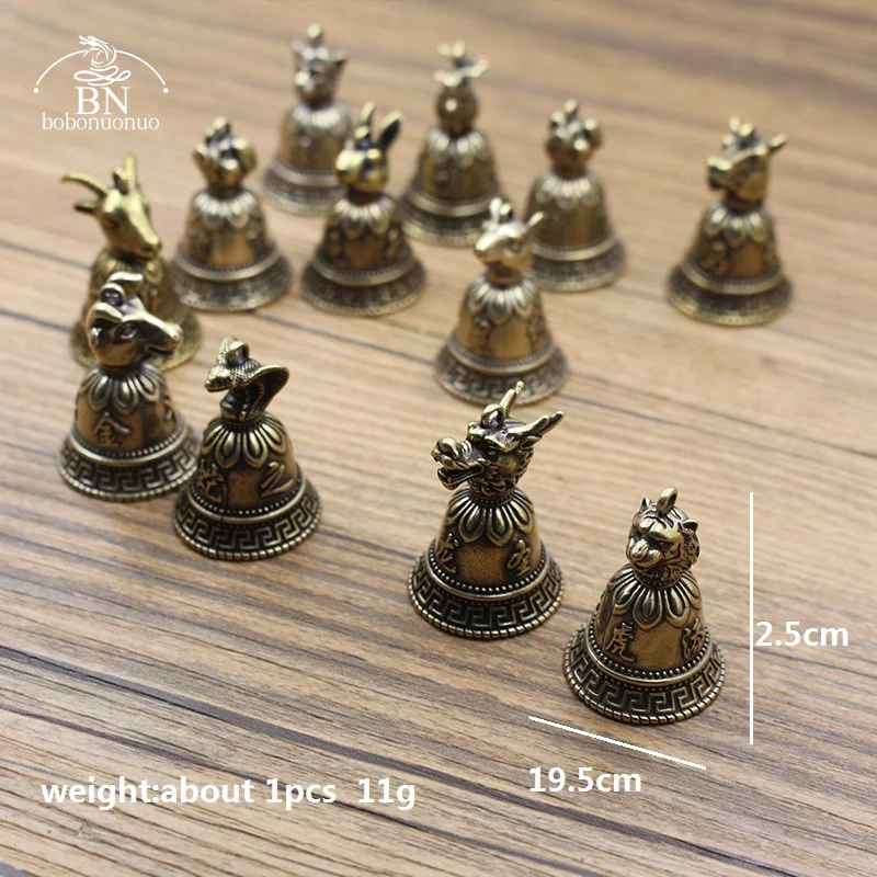 Brass Chinese 12 Zodiac Animals Heads Bell Keychain Pendants Jewelry Vintage Copper Feng Shui Car Key Chain Hanging Keyring Gift