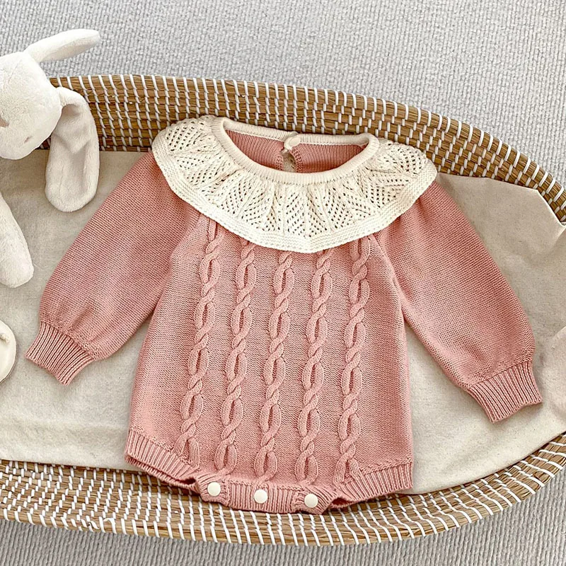 2024 New Autumn Baby Girl Knitted Clothing Toddler Baby Girl Knitted Romper Long Sleeved Splicing Infant Baby Girls Jumpsuit