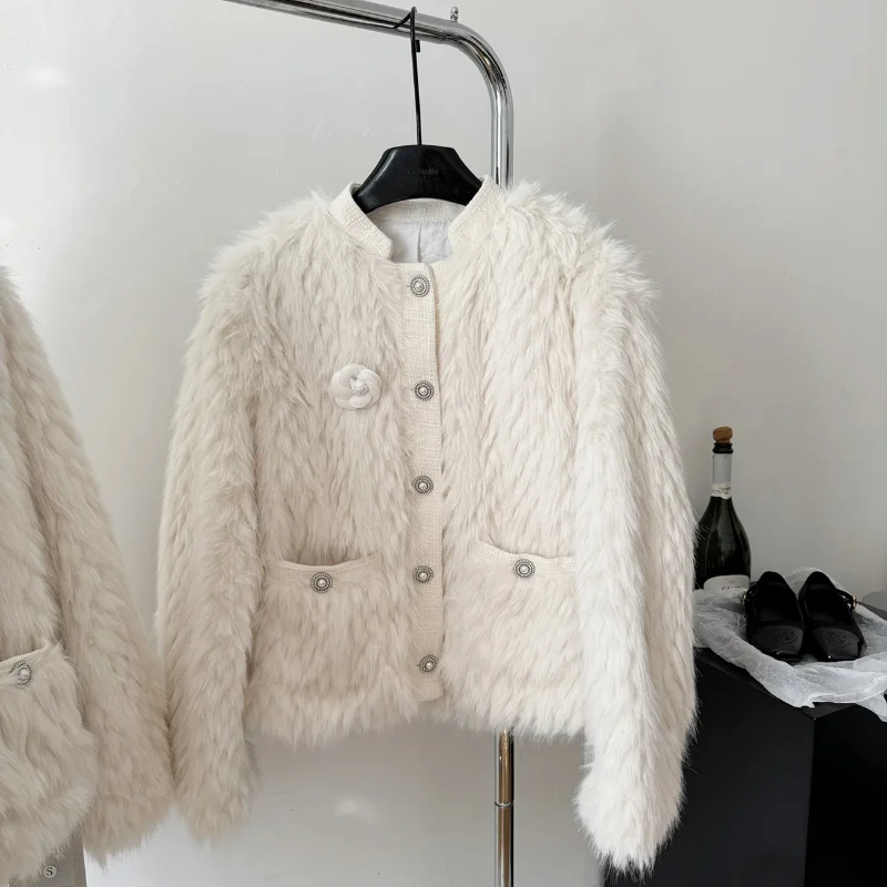 White Fox Fur Coat  Autumn Winter Female Fashion Basic Cotton Lining Cloth Small Fragrance Sweet Casual Fake Fur Coat Women