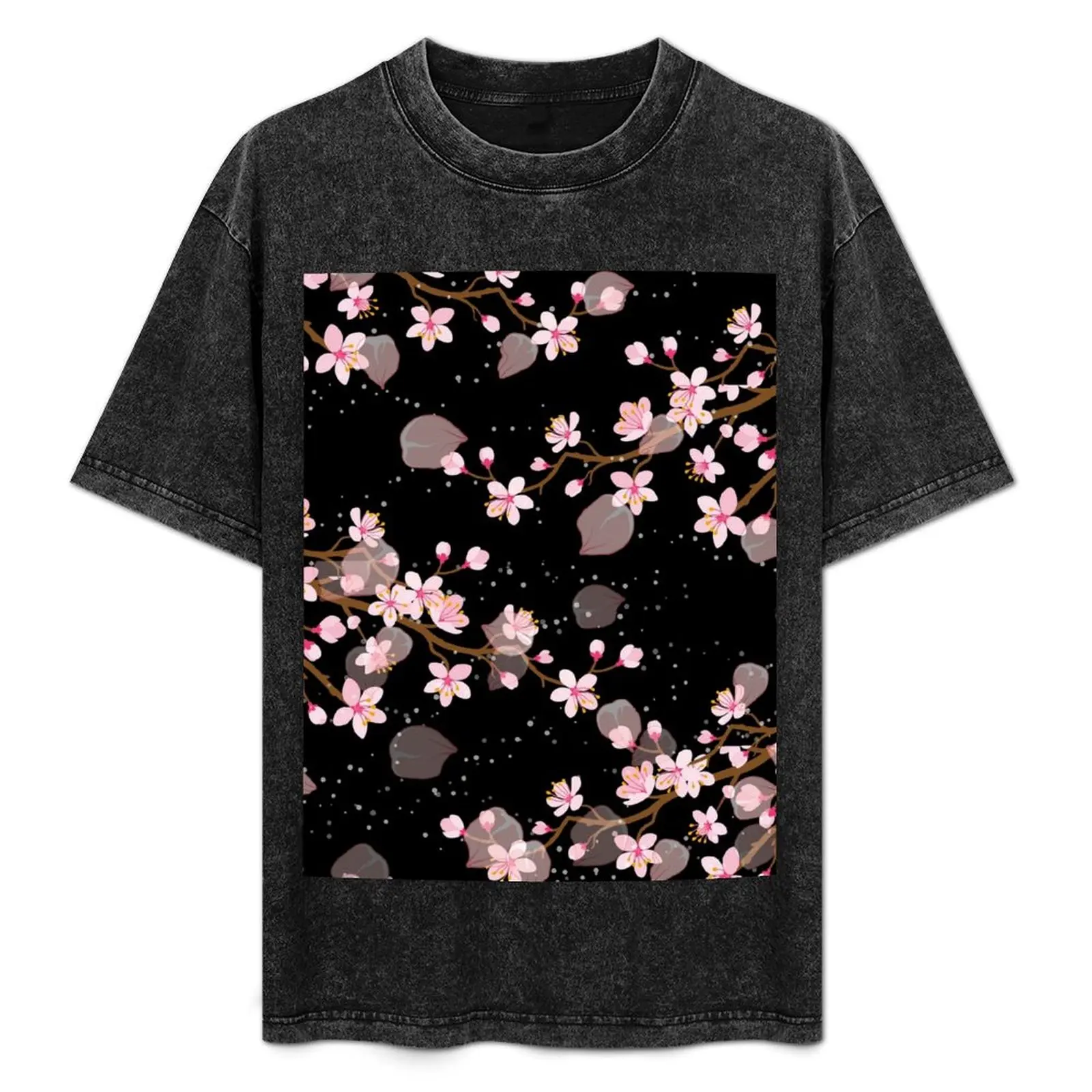 

White and Pink Japanese Cherry Blossom Floral Seamless Repetition pattern on Black T-Shirt Regular Fit Plain Tee Shirt