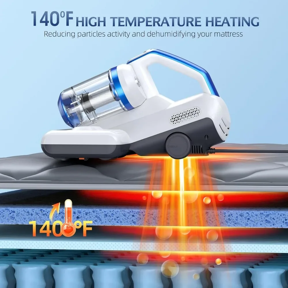 Mattress Vacuum Cleaner with 16Kpa Suction 253.7nm UV-C Light, & HEPA Filter & Heating & Ultrasonic Tech
