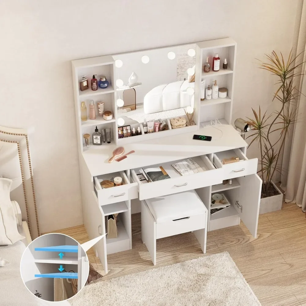 Makeup Vanity Table with Lighted Mirror & Outlets, Large Vanity Set Vanity Desk with Lots Storage, 3 Lighting Modes, Brightness