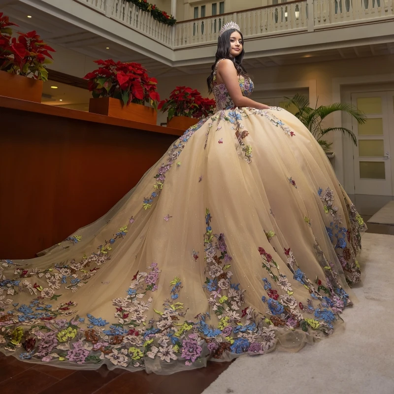 الشمبانيا فساتين Quinceanera الكرة ثوب قبالة الكتف زين الدانتيل الديكور كريستال تول الحلو 16 فستان Vestidos 15 De Anos