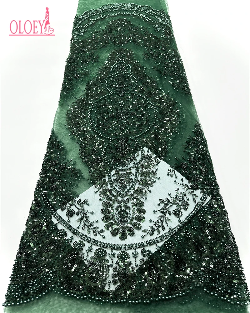 

OLOEY African Handmade Sequins Tulle Lace Fabric French Luxury Beads Lace Fabric For Bridal Wedding Party Dress Sew