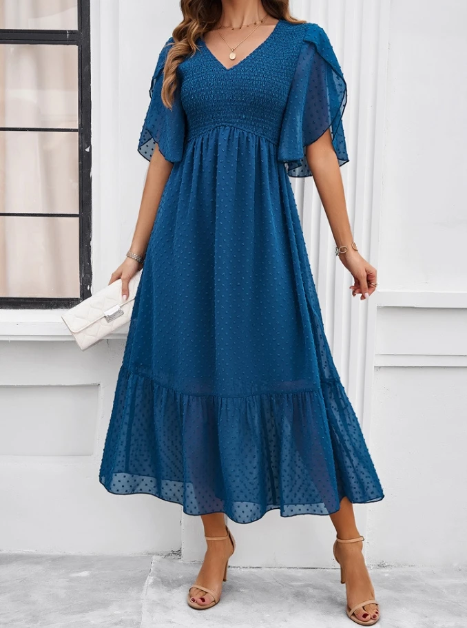 

Elegant Women's Midi Dress 2024 Summer Casual Elegant Polka Dot Solid Color V-Neck Dress Sexy Elegant Women's A-Line Long Dress