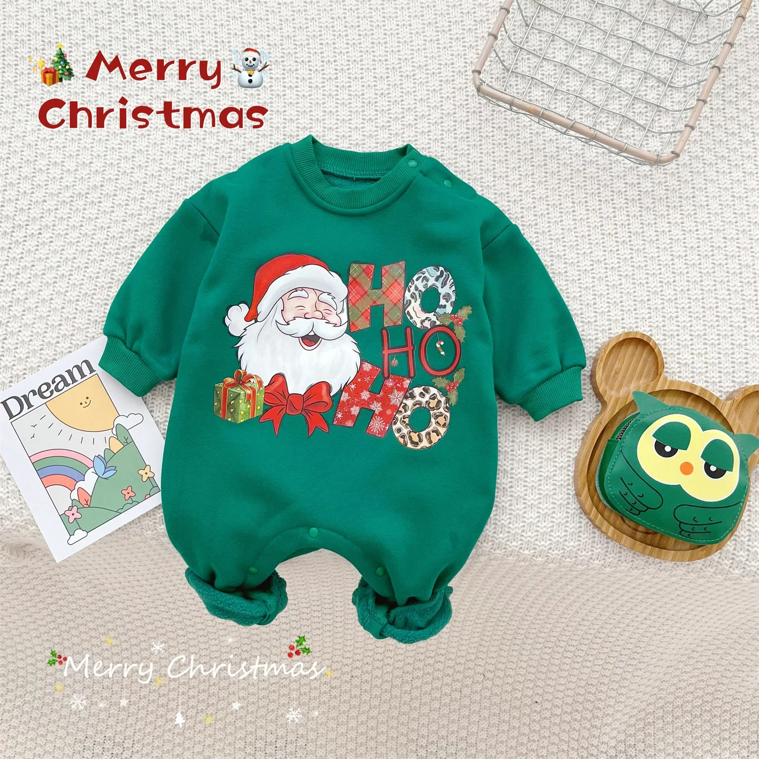 

Green Christmas Style Rompers 0-2 Years Old Autumn and Winter Baby Clothes Climbing Clothes Santa Claus Style Bodysuits