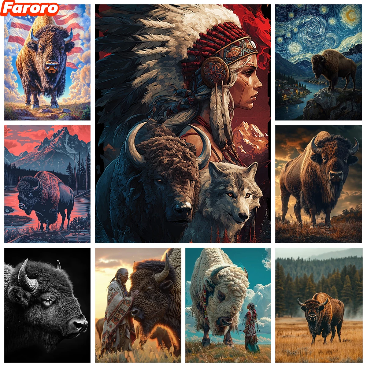 

Indians and American Bison 5D Diamond Painting Animal Mural DIY Diamond Embroidery Square Round Gem Home Decor Gift