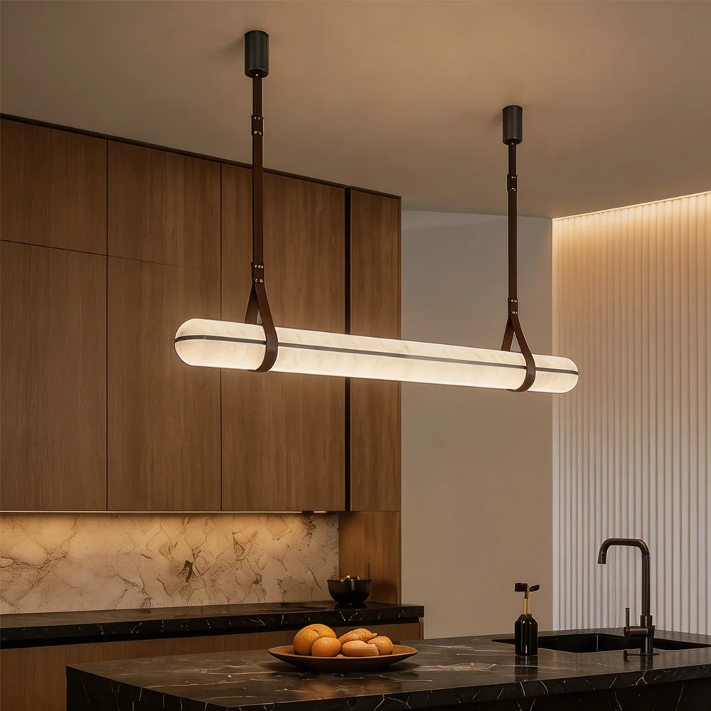 

Long Linear Alabaster Chandelier Spanish Natural Marble LED Pendant Light Leather Straps Hanging for Dining Table Kitchen Island