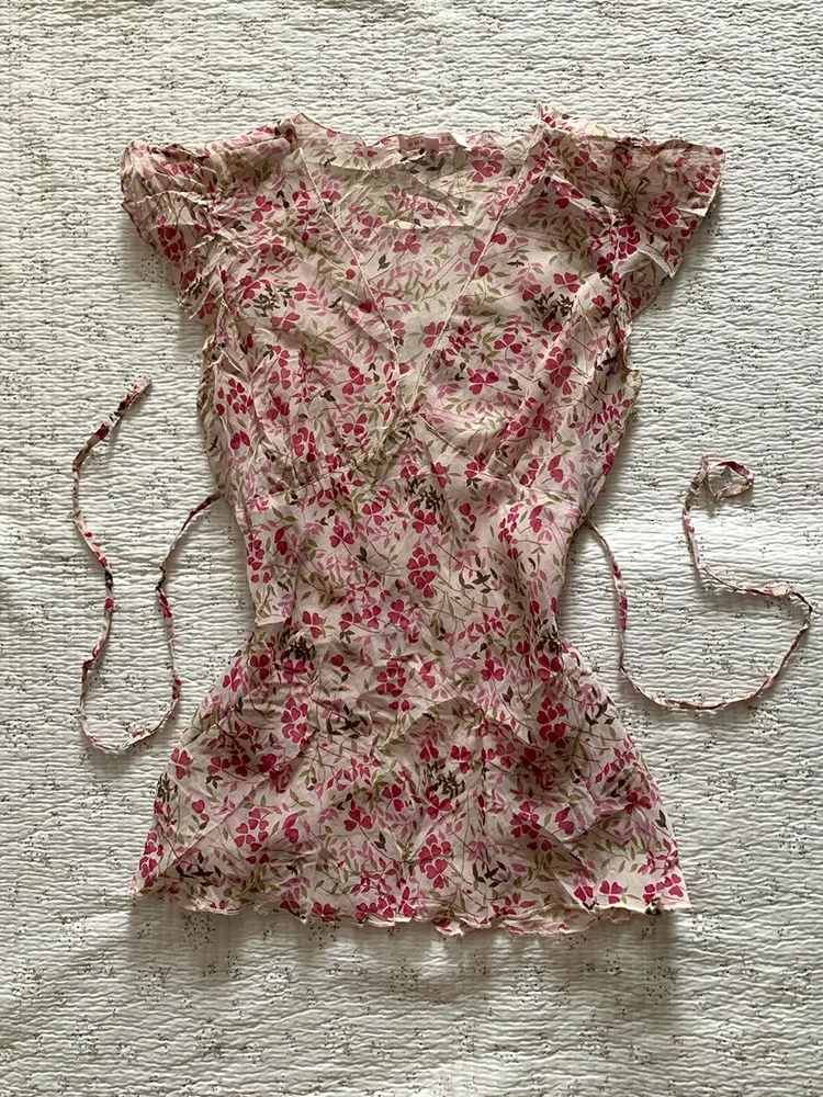 오리지널 레트로 플로럴 프린트 쉬폰 셔츠 슬림핏 한국 스타일 버튼업 반팔 폴로 칼라 면 혼방 여름 상의