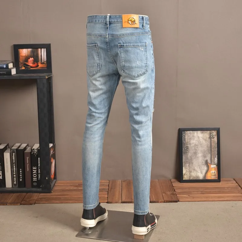 Summer Light Blue Ripped Jeans Men Streetwear Casual Patchwork Patches Pants Korean Style Fashion Slim Fit Denim Trousers