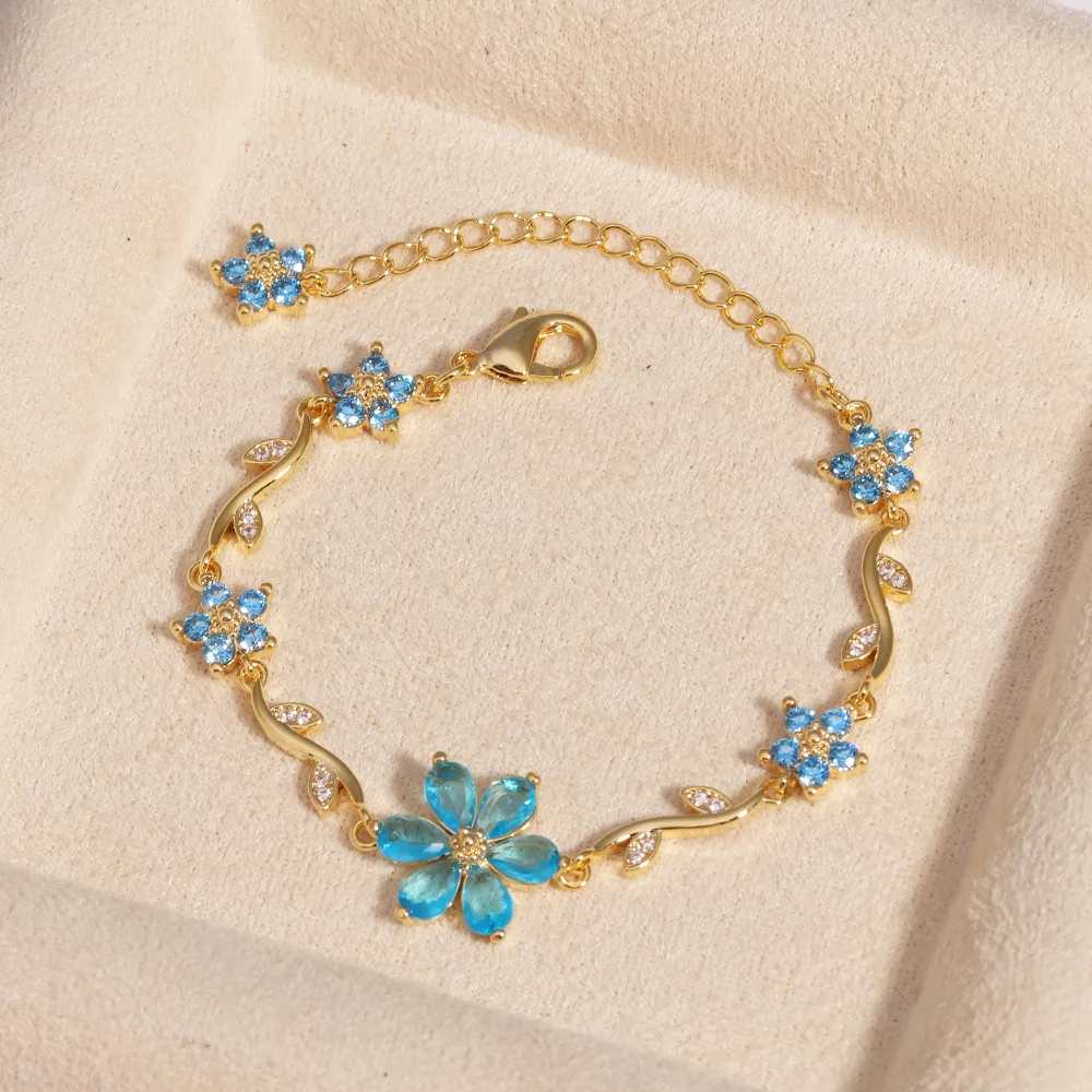 18K Gold Plated Brass Luxury Multi-Coloured Zircon Flower Bracelet For Women Fashion Sweet Crystal Adjustable Chain Jewelry Gift