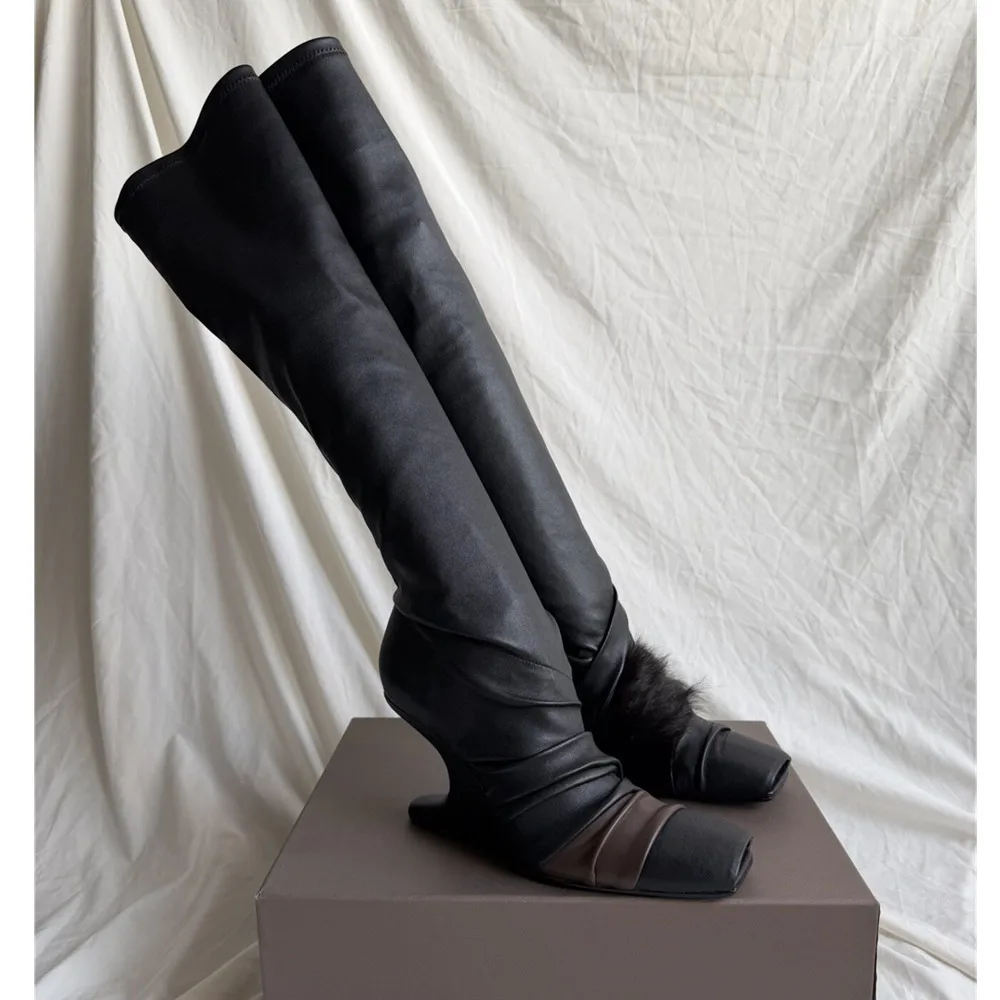 Women Gothic Knee High Boots Special Alien Wedge Heel Square Toe Stretch Pleated Long Boots Faux Fur Decor Runway Party Shoes
