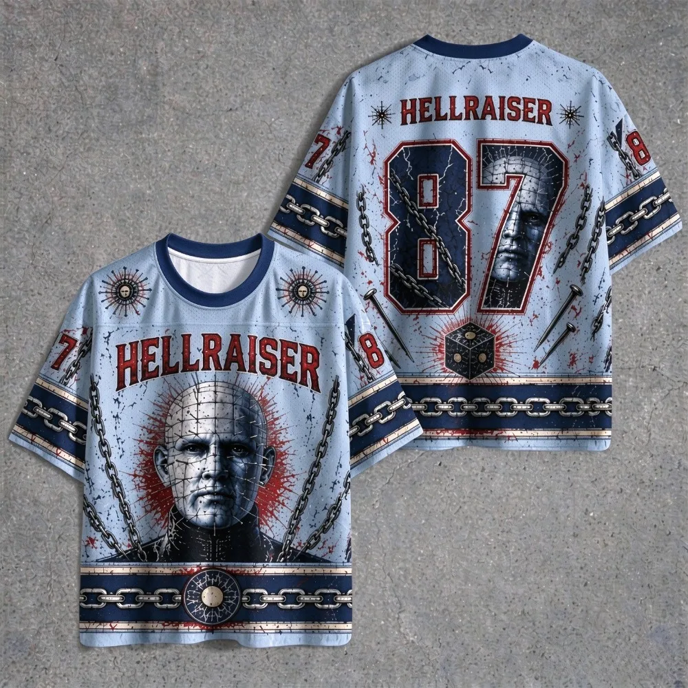 2026 Hellraiser Horror Front Back Print Jersey Shirt Unisex Oversized Light Blue Short Sleeve Scary Sport Streetwear T-shirt