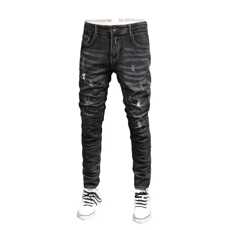 Italian Style Fashion Men Jeans High Quality Retro Black Gray Elastic Slim Fit Ripped Jeans Men Vintage Designer Denim Pants